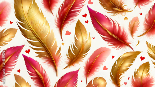 
Valentine's Day. pink and gold bird feathers. background of feathers on a white background.