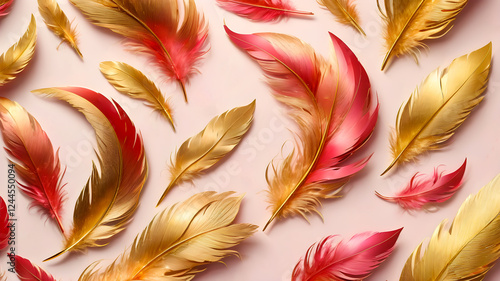  pink and gold bird feathers. background of feathers on a pink background.
