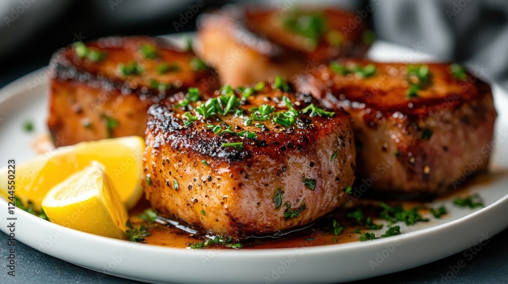 Succulent grilled pork chops are beautifully plated with fresh herbs and lemon. The dish is artfully presented, showcasing culinary skill and inviting the viewer to savor the details. Succulent grilled pork chops are beautifully plated with fresh herbs and lemon. The dish is artfully presented, showcasing culinary skill and inviting the viewer to savor the details.