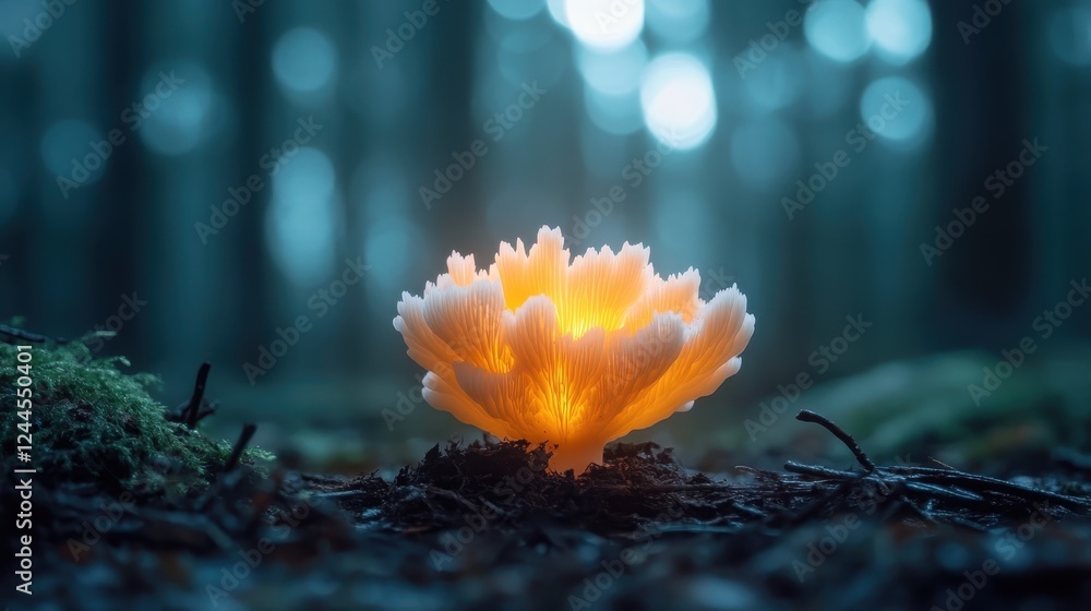 Fototapeta premium A mesmerizing glowing mushroom stands out in a dark forest, surrounded by enchanting bokeh lighting that highlights its delicate features and unique luminescence.