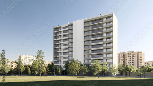 A modern mid-rise residential apartment building with clean white facades surrounded by green trees under a clear blue sky in an urban setting
 photo