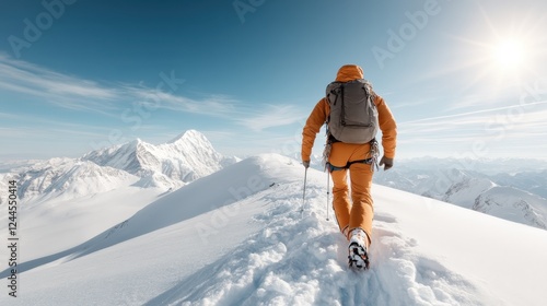 A determined climber, dressed in bright orange gear, ascends a majestic snow-covered mountain peak, showcasing the beauty and glory of the natural landscape around. photo