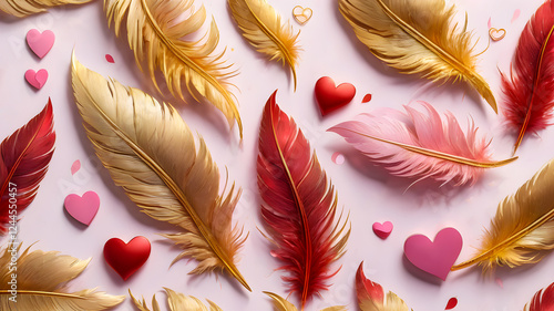 
Valentine's Day. pink and gold bird feathers. background of feathers on a pink background.