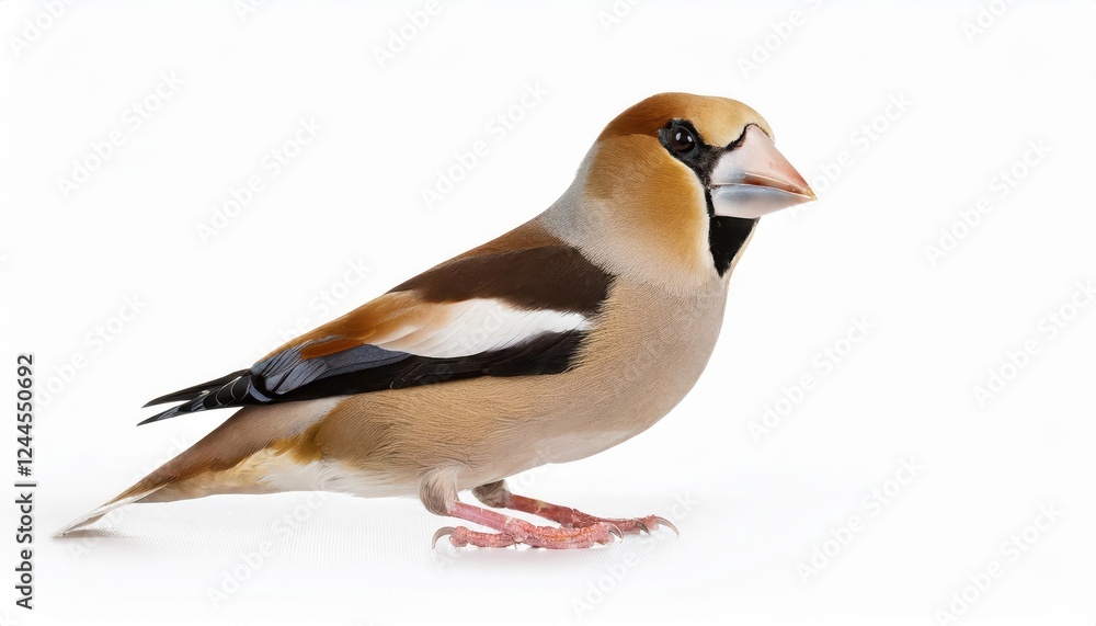 Striking Isolated Portrait of a Female Hawfinch Coccothraustes coccothraustes against a Crisp White Background, Showcasing Feathers Intricate Patterns and Brilliant Plumage Striking Isolated Portrait of a Female Hawfinch Coccothraustes coccothraustes against a Crisp White Background, Showcasing Feathers Intricate Patterns and Brilliant Plumage