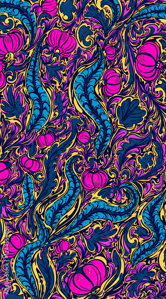 Floral Pattern with Blue and Yellow Swirling Vines Floral Pattern with Blue and Yellow Swirling Vines