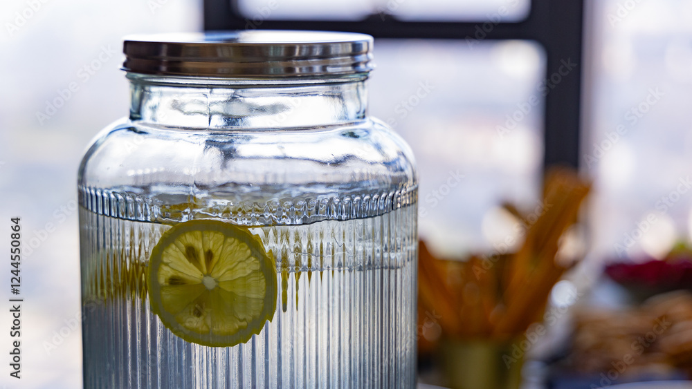 Lemonade jar at a gala event or banquet with visible lemon slice in the water. Clear jug or glass ready to be served to attendants