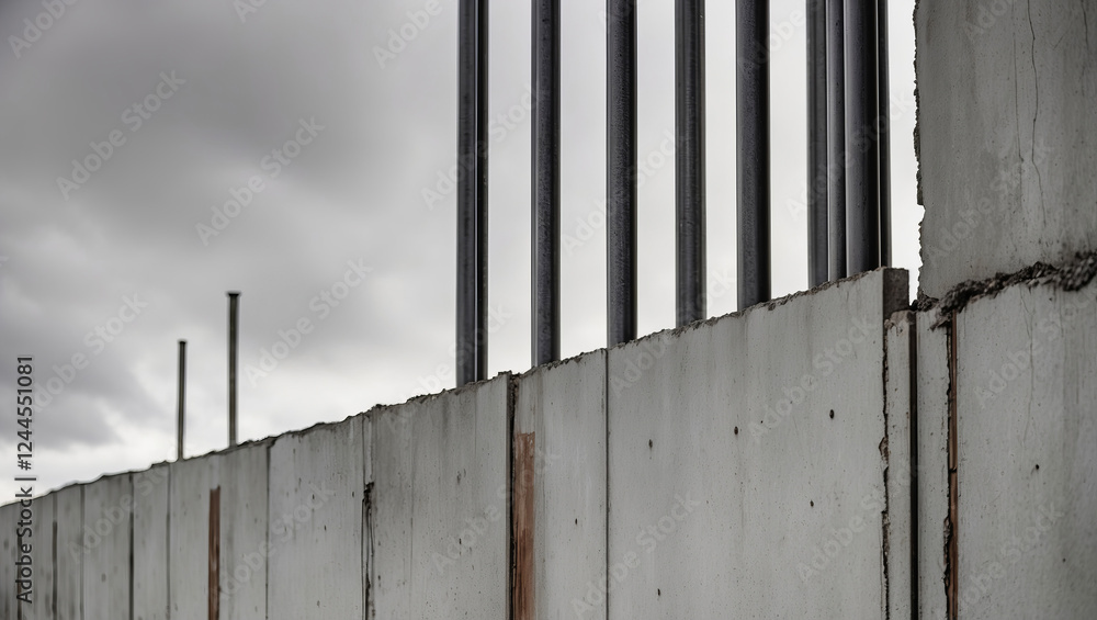 Construction site showcases concrete walls and steel rods supporting a building structure during a cloudy day
