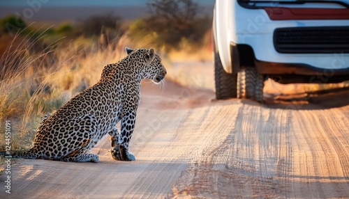 Majestic Female Leopard Kigelia Gazes Back from Safari Vehicle against African Savannah Sunset, Wildlife Photography Showcasing the Power and Grace of Panthera pardus photo