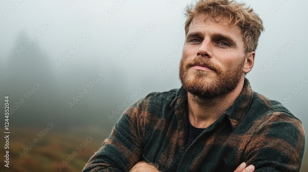 A contemplative man with a beard gazes into the distance in a misty field, dressed warmly, embodying thoughts of tranquility amid nature's beauty and solitude. A contemplative man with a beard gazes into the distance in a misty field, dressed warmly, embodying thoughts of tranquility amid nature's beauty and solitude.