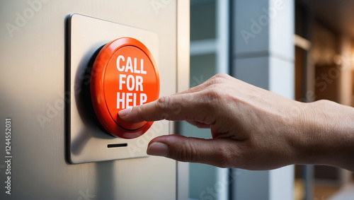 Bright red call button pressed for assistance in urban environment during daytime