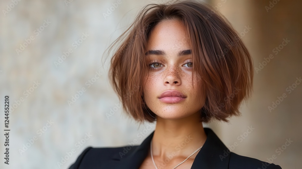 Fototapeta premium A stunning portrait of a young woman with a sleek hairstyle and natural makeup, exuding confidence and style against a neutral background that enhances her beauty.