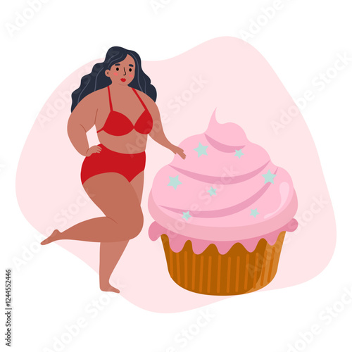 Beautiful woman bikini posing near big cake. Body positive and love your body