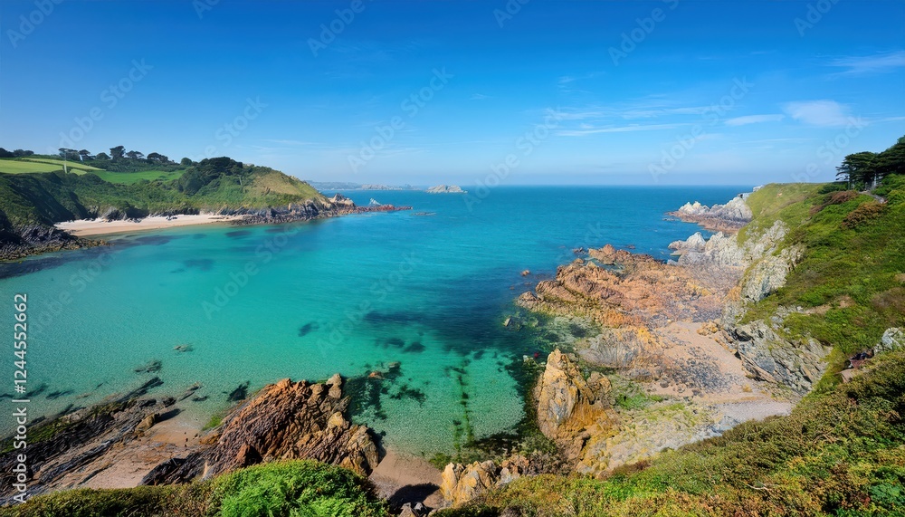 Serene Seascape Tranquil Fermain Bay at Golden Hour, Showcasing Crystal Clear Waters, Glistening Sand, and Striking Rock Formations on the Shores of Guernsey Island. Serene Seascape Tranquil Fermain Bay at Golden Hour, Showcasing Crystal Clear Waters, Glistening Sand, and Striking Rock Formations on the Shores of Guernsey Island.
