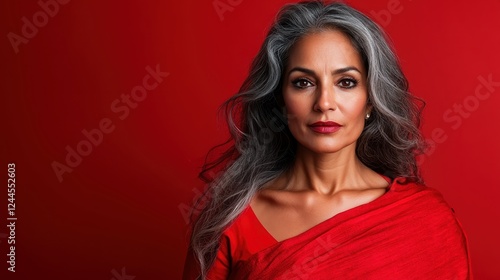An elegant portrait of a mature woman with silver hair draped in a red shawl, radiating wisdom and strength, captured beautifully against a matching backdrop.