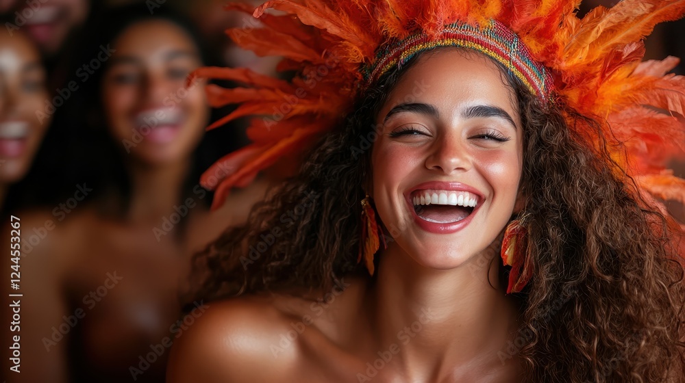 Fototapeta premium A smiling woman in a strikingly colorful feather headdress embodies joy and energy, standing out in a festive environment filled with laughter and happiness.