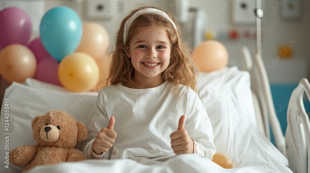 Fototapeta premium A happy young girl poses with her teddy bear, giving two thumbs up in a colorful hospital room filled with balloons, showcasing resilience and joy in tough times.