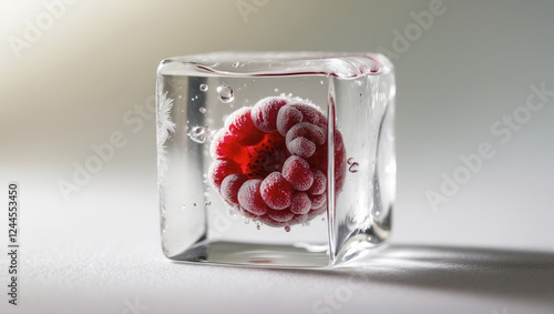 Frozen raspberry encased in clear ice cube with bubbles illuminated by soft light photo