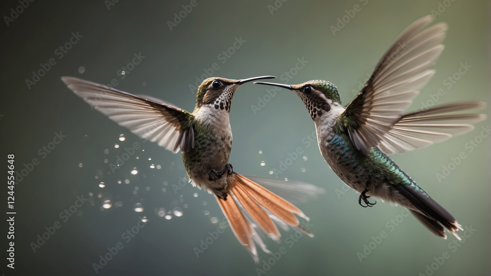 Naklejka premium Hummingbirds engage in a delicate dance while feeding at a flower in a tranquil garden at sunrise