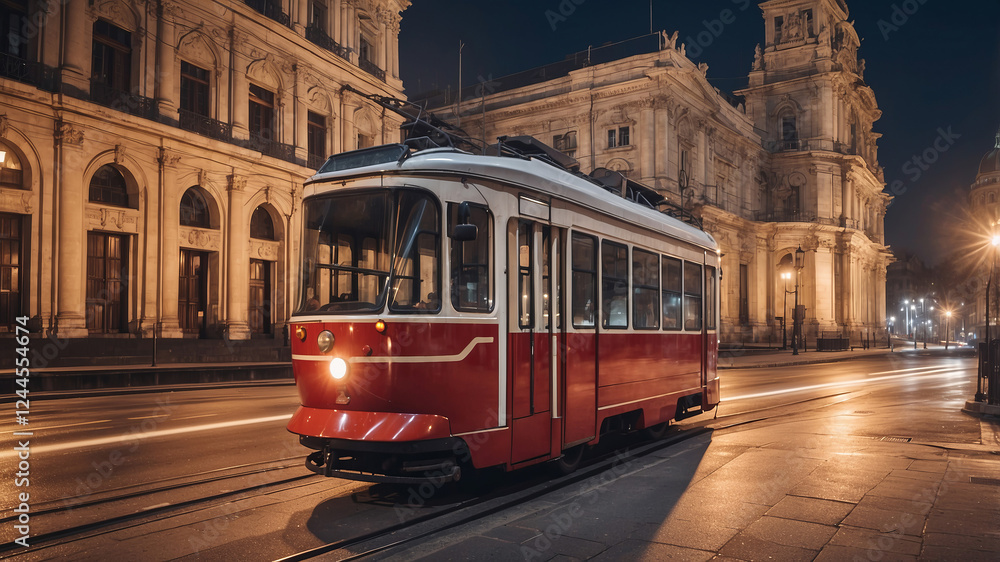 Fototapeta premium Historic red tram parked on a street in a lit city square at night, highlighting architectural beauty