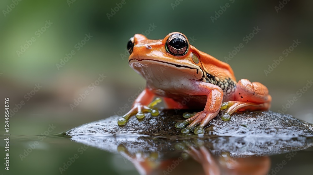 An orange frog is resting by the edge of still water, highlighting the unique beauty of amphibians and the serene atmosphere of natural settings. An orange frog is resting by the edge of still water, highlighting the unique beauty of amphibians and the serene atmosphere of natural settings.