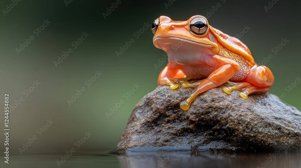 A vivid orange frog sits confidently on a rock surrounded by water, showcasing the intricate details of its skin and the magical allure of nature. A vivid orange frog sits confidently on a rock surrounded by water, showcasing the intricate details of its skin and the magical allure of nature.