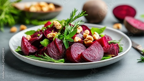 This vibrant beet salad features fresh greens, chopped beets, and walnuts, creating a deliciously healthy meal that is visually appealing and packed with nutrients. photo