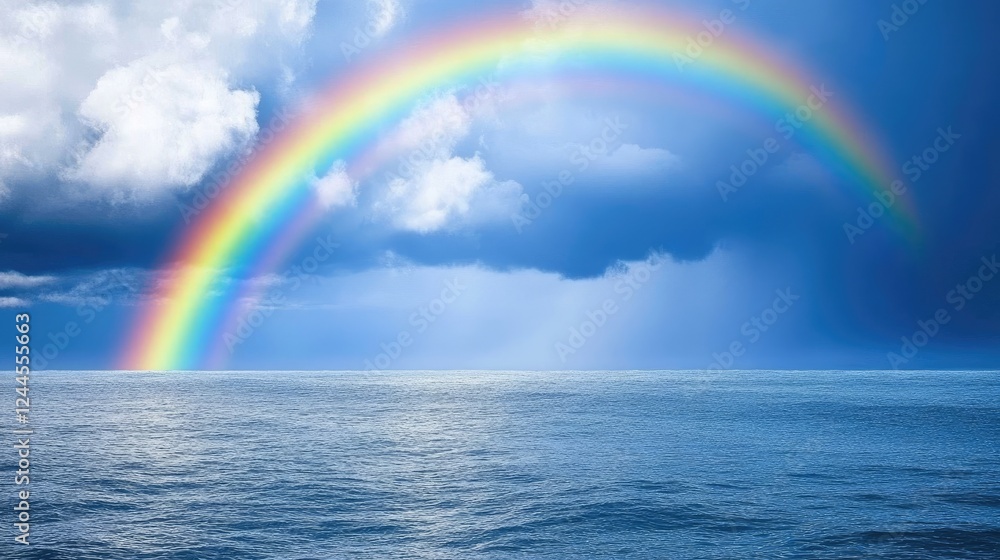 A vibrant rainbow arcs over a calm ocean under a dramatic sky. A vibrant rainbow arcs over a calm ocean under a dramatic sky.