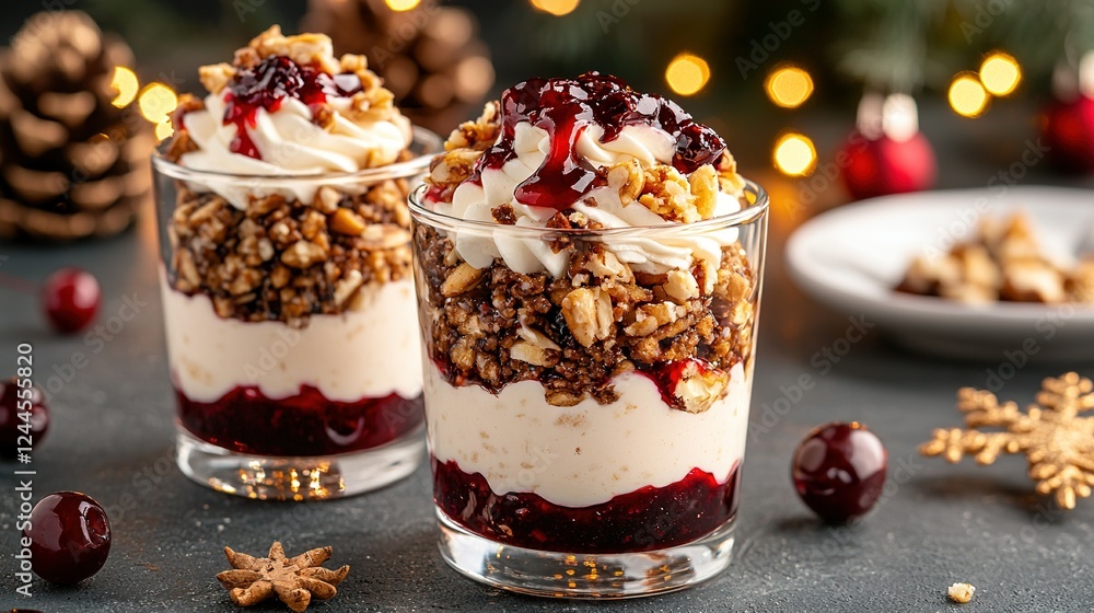 A pair of desserts rest atop a table, alongside a plate of cookies and cranberries A pair of desserts rest atop a table, alongside a plate of cookies and cranberries