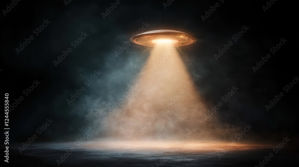 Obraz premium An artistic depiction of a UFO spacecraft hovering with a bright beam of light in a dark atmosphere, invoking feelings of wonder, curiosity, and the unexplained.