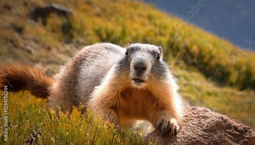 Aerial Flight of a Playful Marmot amidst the Snowy Rocky Mountains of Colorado at Sunset, with Majestic Peaks and Warm Hues Fading into Dusk photo