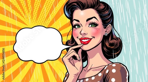 Classic pop art woman with vintage hairstyle, comic-style halftone shading, and a thought bubble