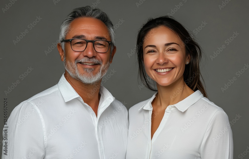 The man and woman casual attire business shirt and warm smiles highlight a simple yet strong business partnership standing together on white background.