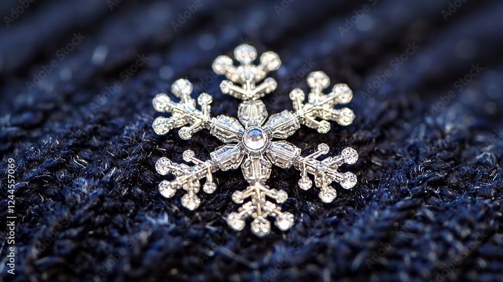 Obraz premium Sparkling snowflake brooch on dark knit fabric, winter holiday decoration