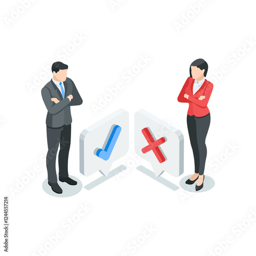 isometric vector business man and woman near cross and check mark icons, in color on white background, approval or rejection
