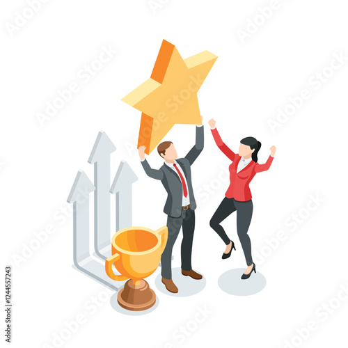 isometric vector business people rejoice in victory near a big star and trophy, in color on a white background, great success or goal achievement
