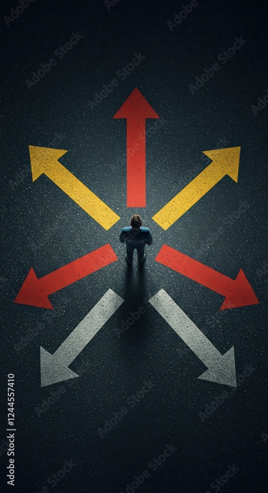 A man stands at a crossroads, surrounded by bright arrows symbolizing the search for a way A man stands at a crossroads, surrounded by bright arrows symbolizing the search for a way