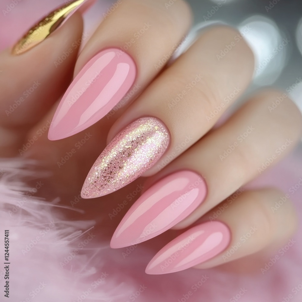Gold glitter pink nail polish, long acrylic nails Gold glitter pink nail polish, long acrylic nails