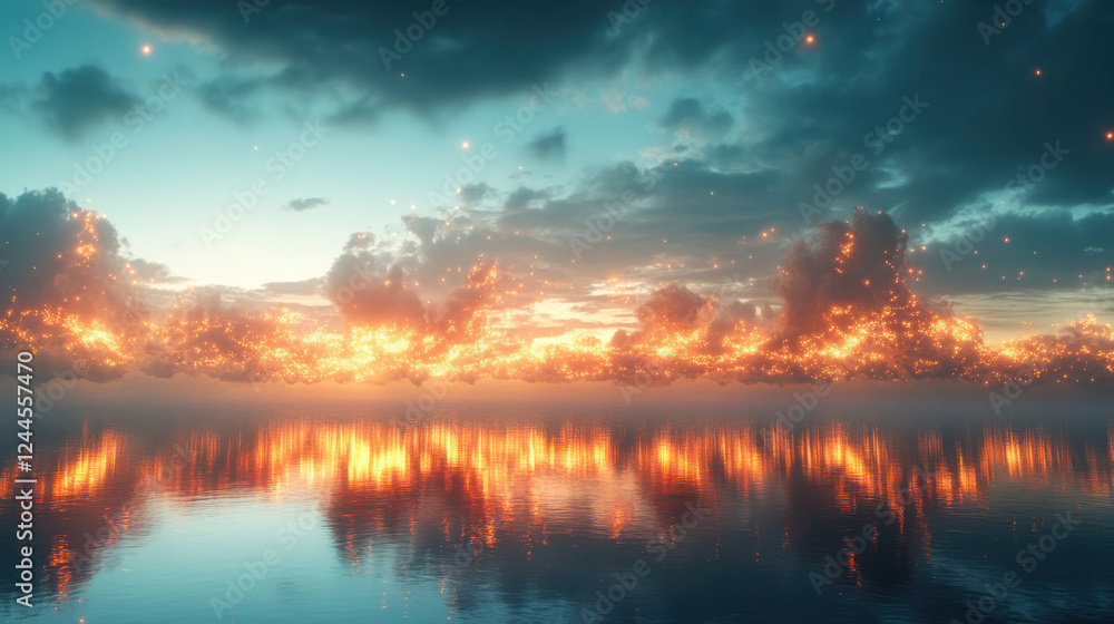 A surreal panoramic skyscape with an endless ocean reflecting the glowing clouds and vibrant cosmic lights A surreal panoramic skyscape with an endless ocean reflecting the glowing clouds and vibrant cosmic lights