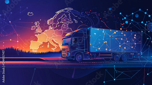 Wallpaper Mural A futuristic logistics truck with digital network connections overlaying a glowing map of Europe representing global transportation and supply chain
 Torontodigital.ca