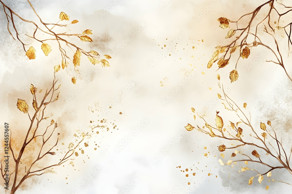 Luxury Watercolor Background with Golden Branches Luxury Watercolor Background with Golden Branches