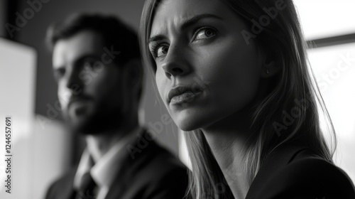 A close-up image featuring two individuals in a professional setting, exuding a sense of seriousness and concentration. photo