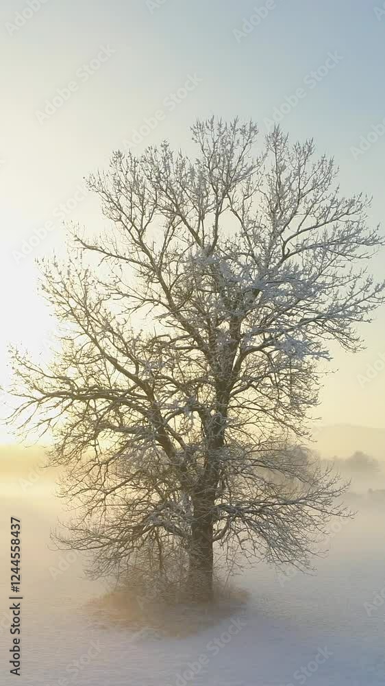 AERIAL Flying around bare frozen tree on magical misty morning in winter. Stunning foggy landscape with snowy fields and trees at golden sunrise. Sunbeams shining trough icy tree branches at sunset AERIAL Flying around bare frozen tree on magical misty morning in winter. Stunning foggy landscape with snowy fields and trees at golden sunrise. Sunbeams shining trough icy tree branches at sunset
