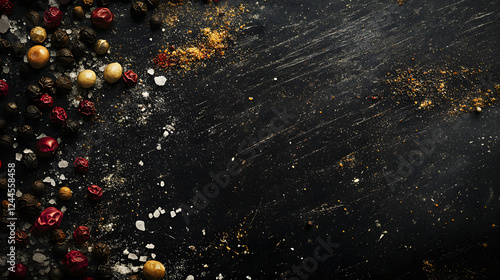 A close-up of mixed peppercorns and coarse salt scattered across a dark countertop, emphasizing their different shapes and vibrant colors.