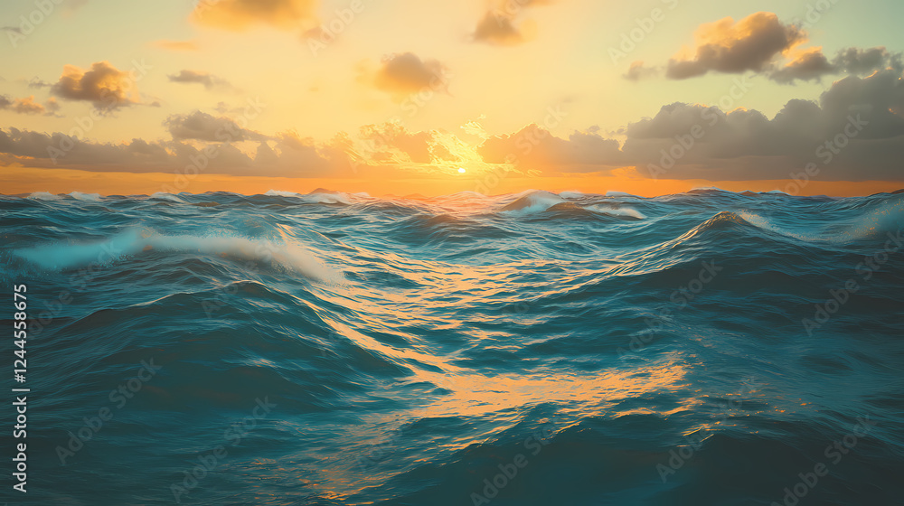 Obraz premium A majestic canvas depicting a vast ocean with turquoise waves breaking against a golden sunset, revealing a hidden world beneath the surface. Hidden Worlds. Illustration