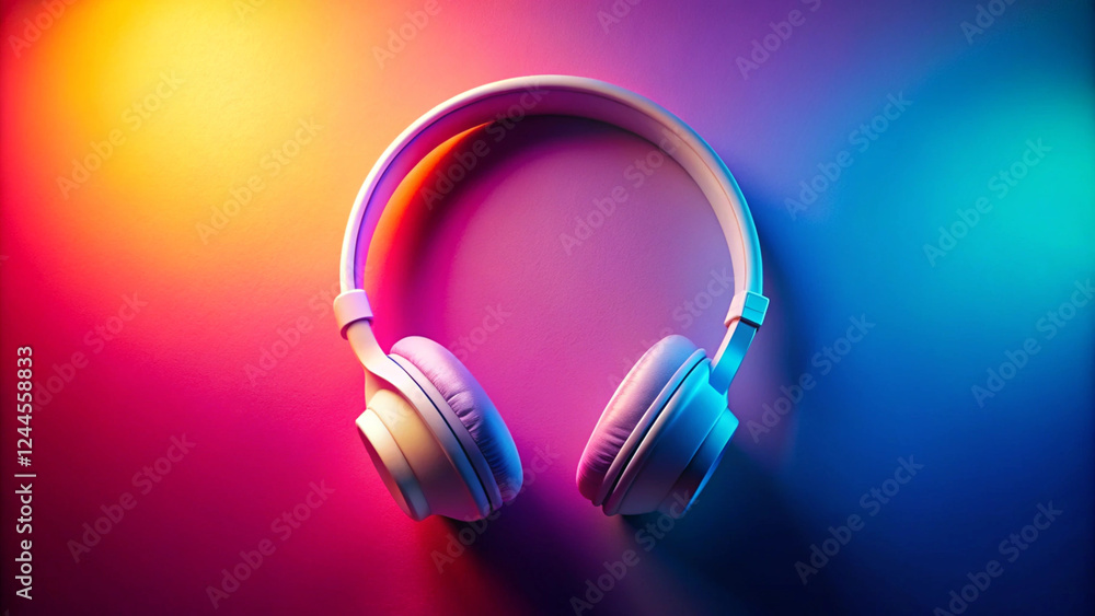 White Wireless Headphones on Reflective Surface with Colorful Background White Wireless Headphones on Reflective Surface with Colorful Background