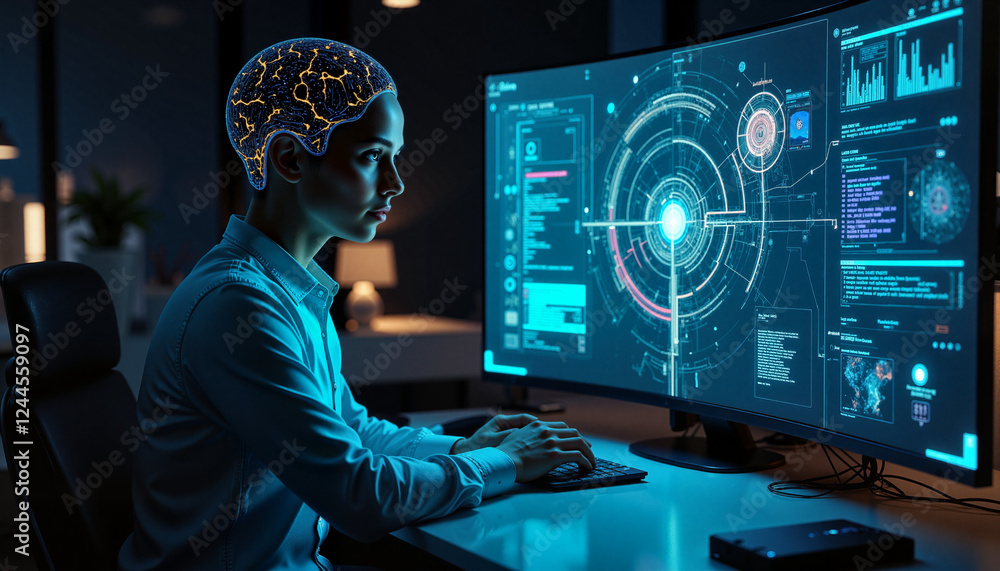 Focused individual controlling digital environment with neural interface, technology Focused individual controlling digital environment with neural interface, technology