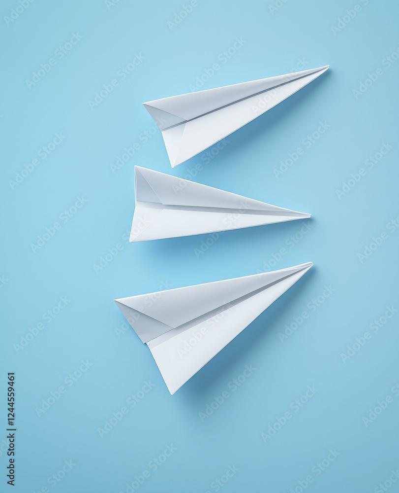 Naklejka premium Three white paper airplanes arranged on blue background, showcasing creativity and simplicity