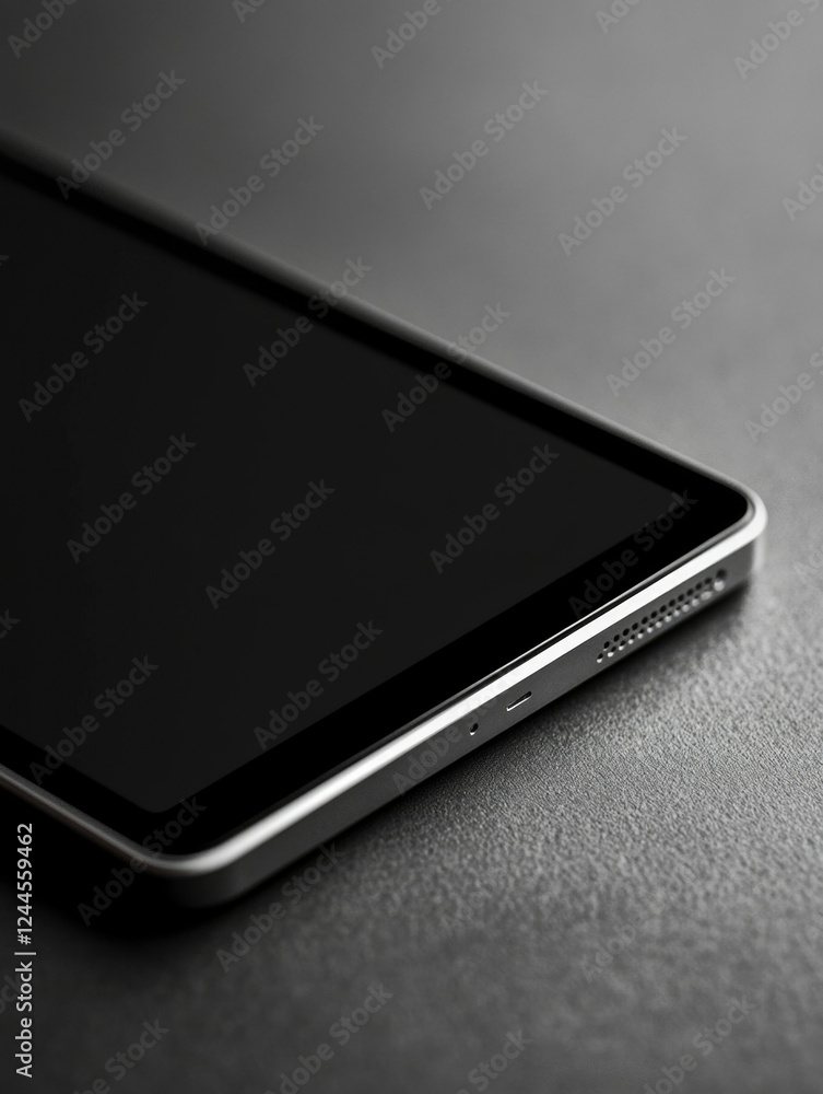 An elegant smartphone is captured from an angle that highlights its sleek design. The phone appears to be off, with the display showing nothing but the device's frame. An elegant smartphone is captured from an angle that highlights its sleek design. The phone appears to be off, with the display showing nothing but the device's frame.