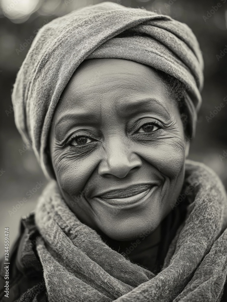 A black and white portrait of a woman, possibly of African descent, wearing a scarf and smiling subtly. A black and white portrait of a woman, possibly of African descent, wearing a scarf and smiling subtly.