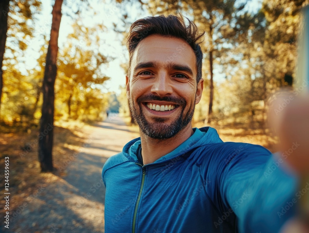 This image depicts a man taking a selfie during an outdoor hike in a park or forested area. He appears fit and is smiling, suggesting he is enjoying his time outdoors. The man has short hair and a This image depicts a man taking a selfie during an outdoor hike in a park or forested area. He appears fit and is smiling, suggesting he is enjoying his time outdoors. The man has short hair and a
